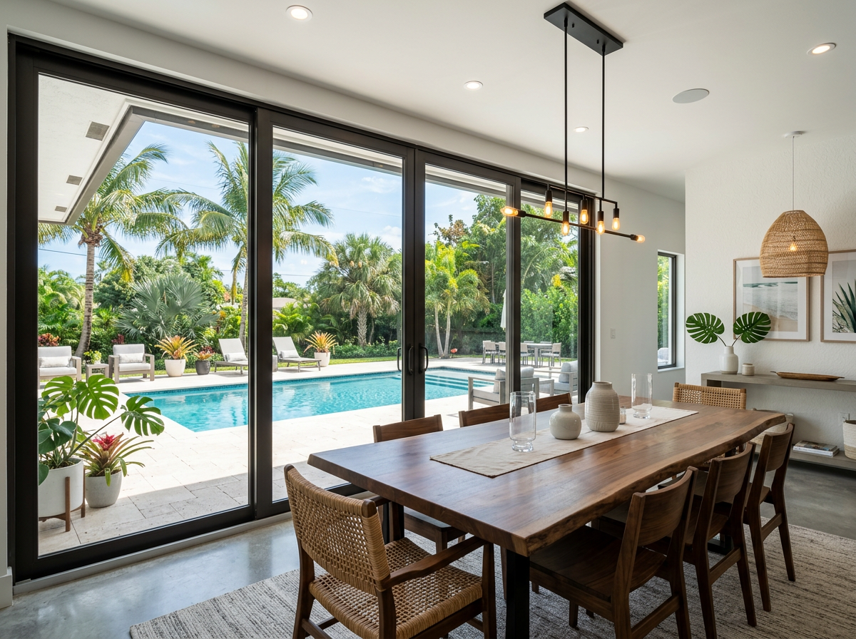 Impact sliding glass doors opening to a pool terrace