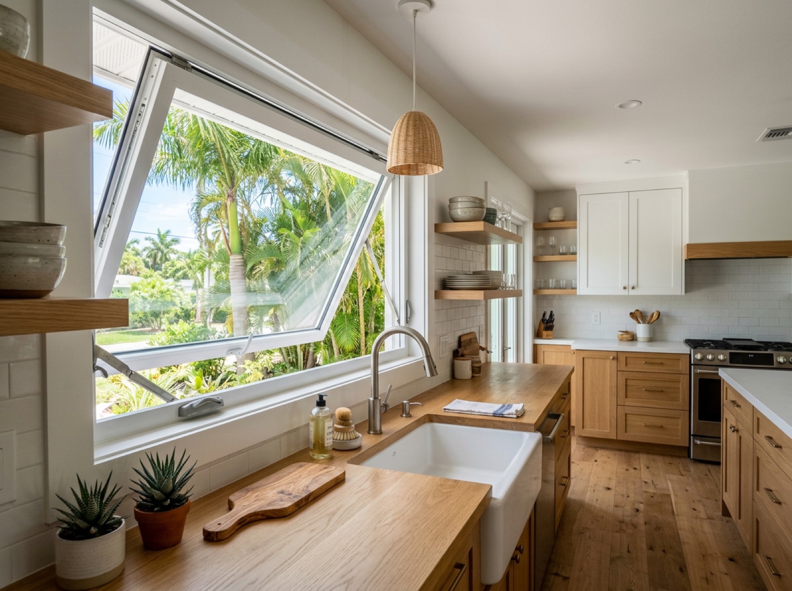 Casement impact window cranked open in a Florida kitchen