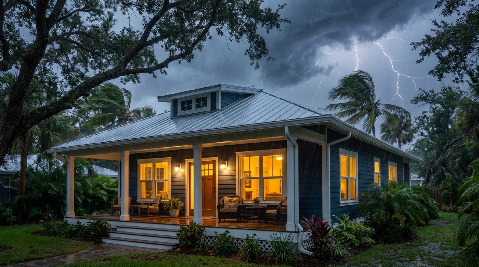 South Florida home with impact windows standing secure during a hurricane, serving Miramar
