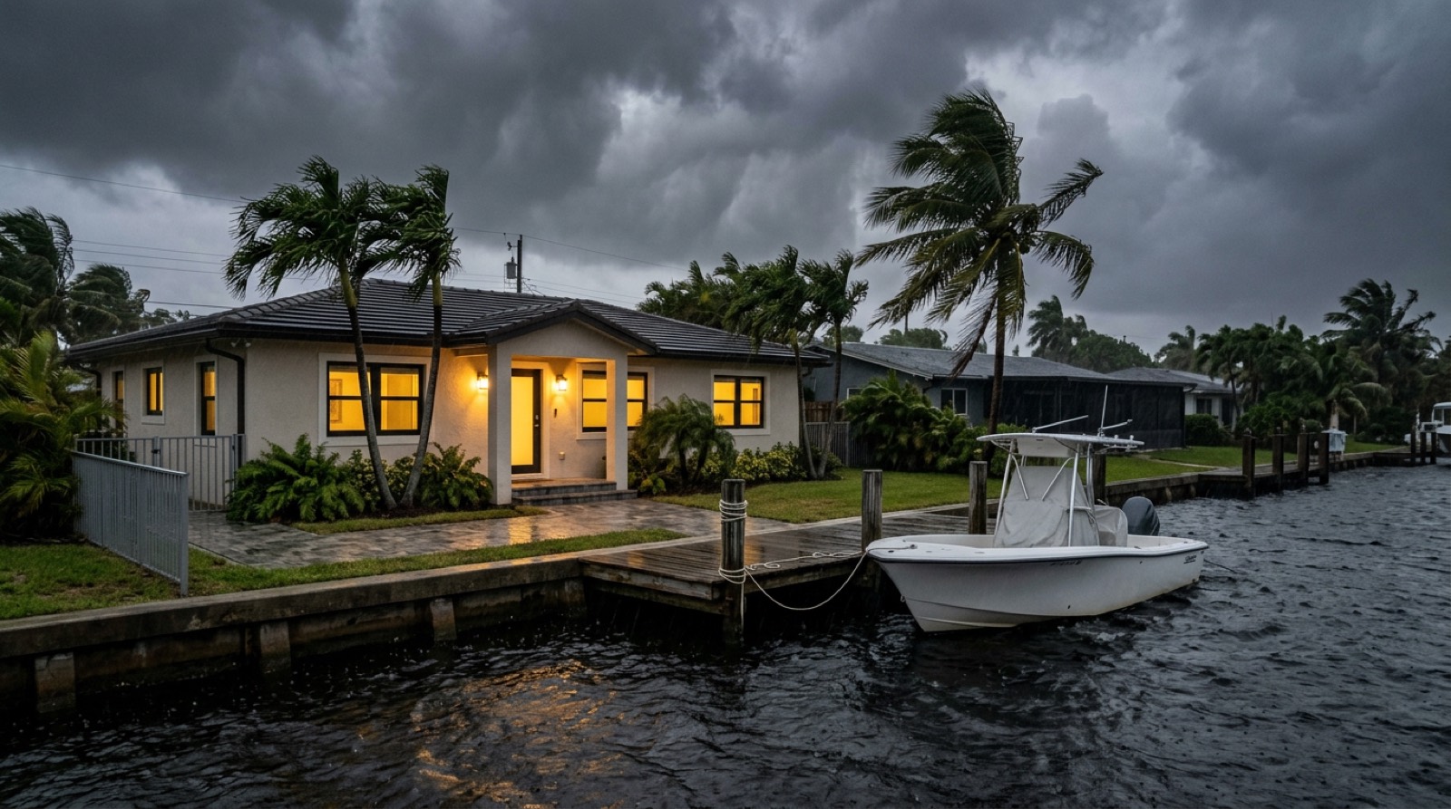 South Florida home with impact windows standing secure during a hurricane, serving Juno Beach