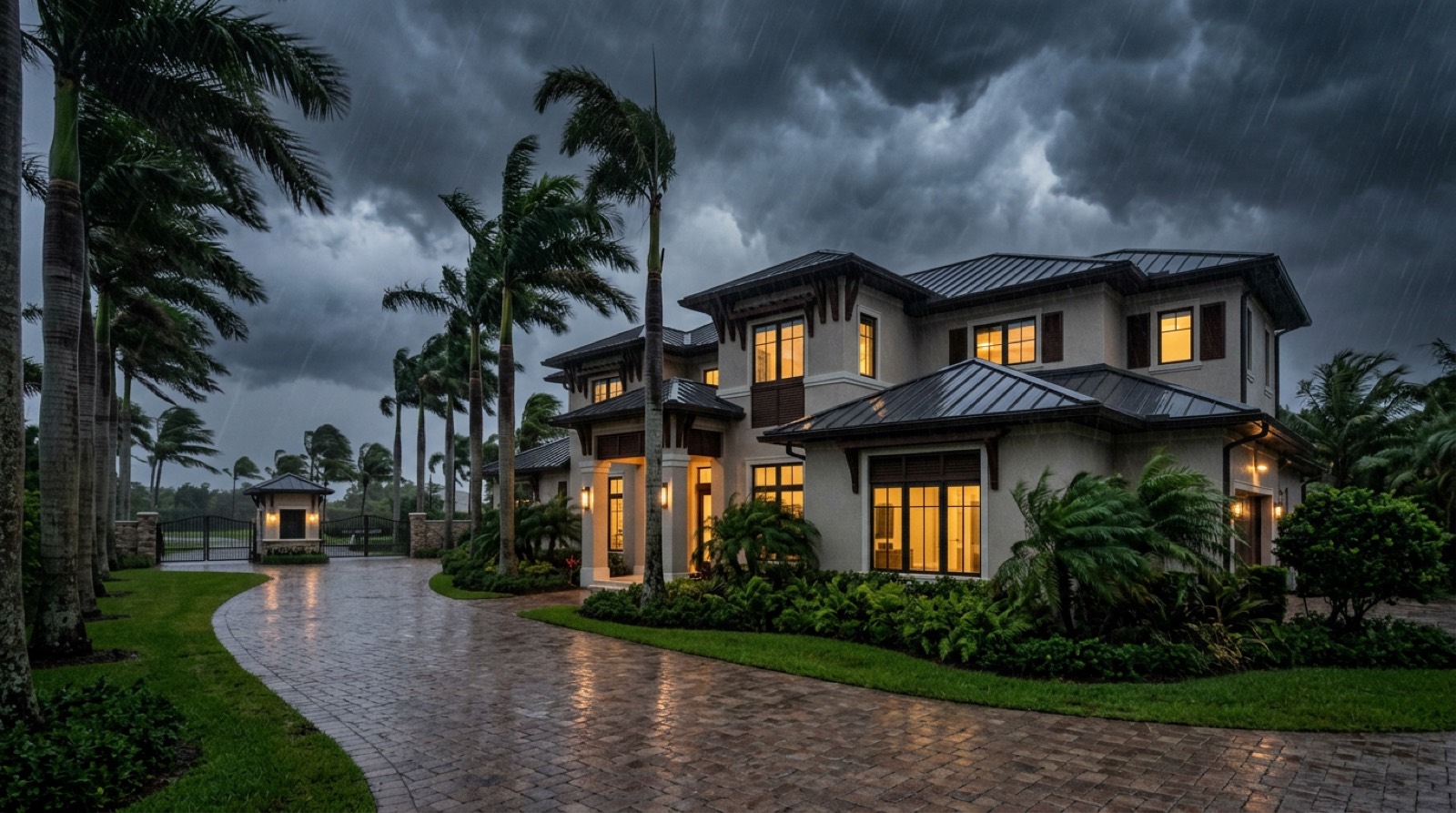 South Florida home with impact windows standing secure during a hurricane, serving Pinecrest