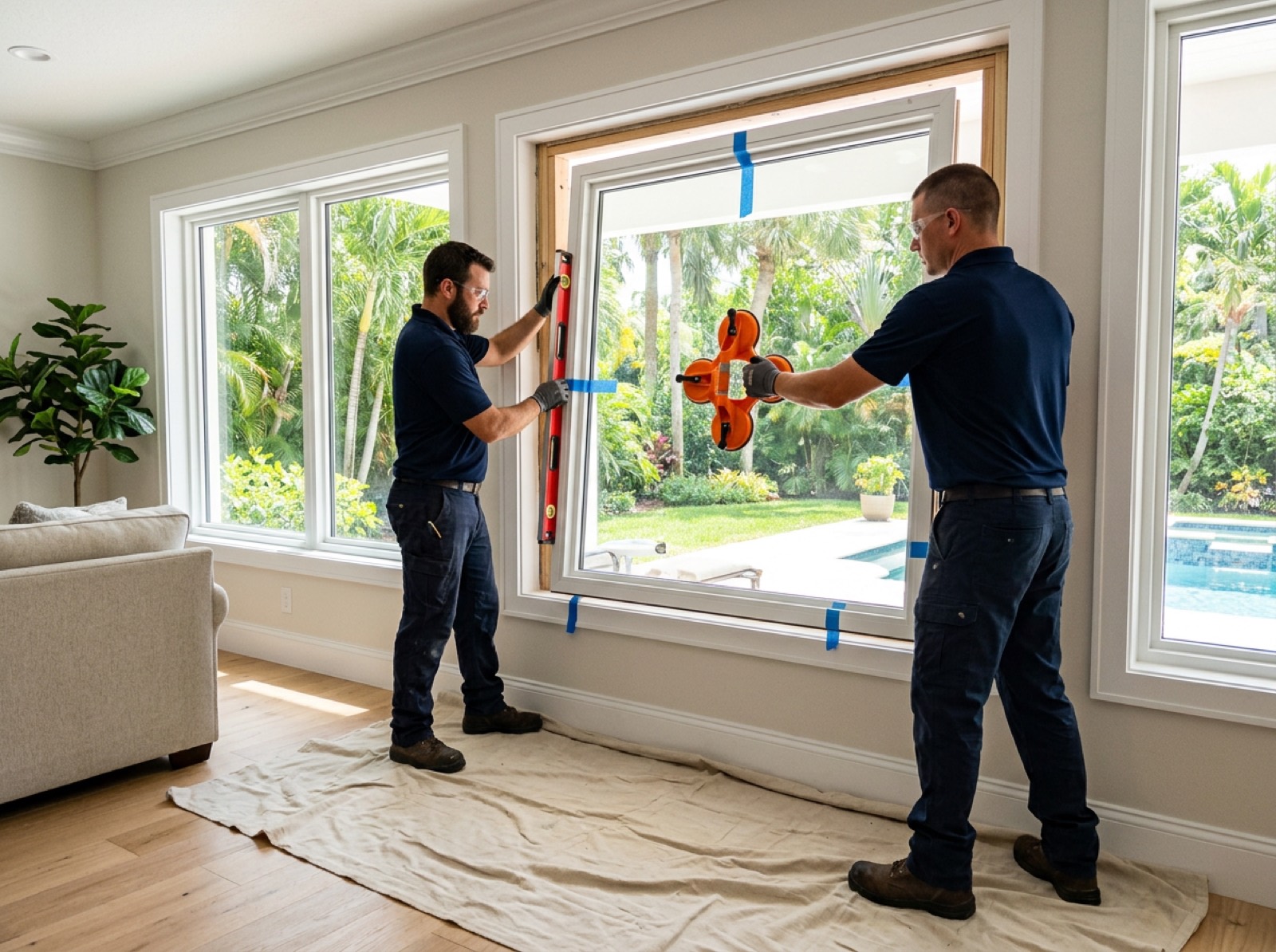 Professional installers replacing windows on a Florida home in the Juno Beach area
