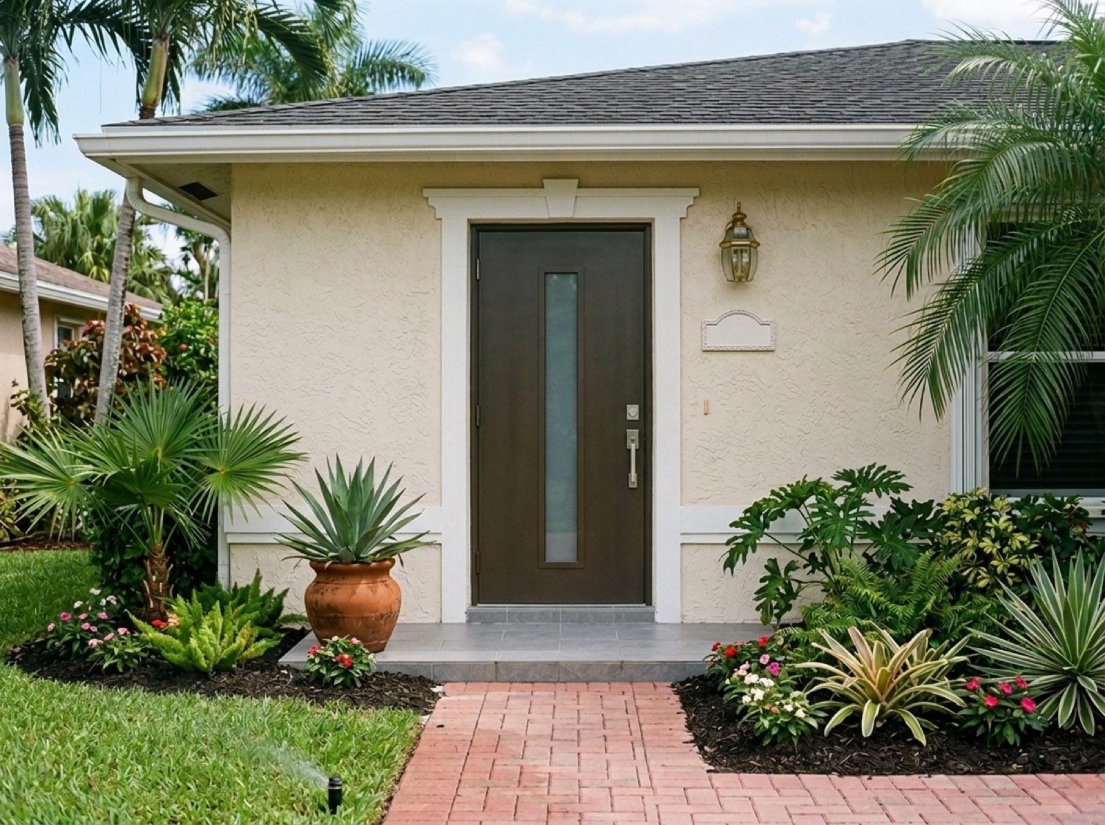 After: new bronze impact entry door with glass sidelites