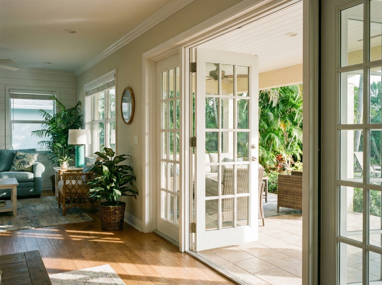White impact French doors opening onto a covered Florida patio