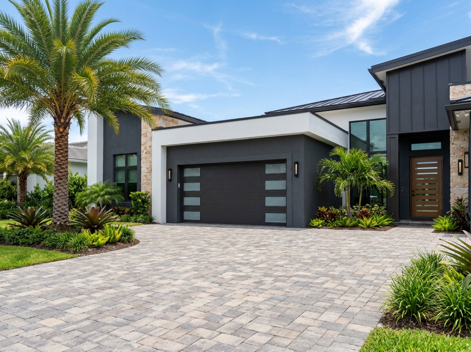 Hurricane-rated modern garage door on a South Florida home