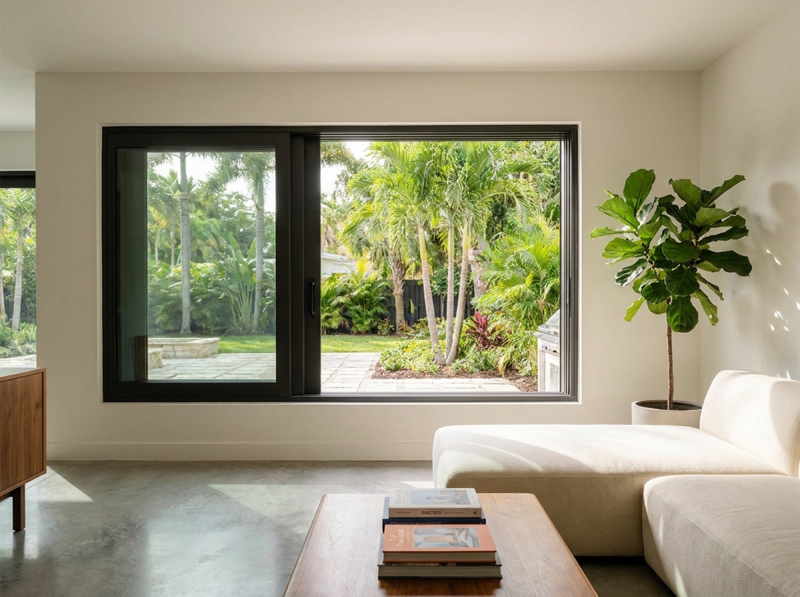 Horizontal roller impact window in a modern Florida living room