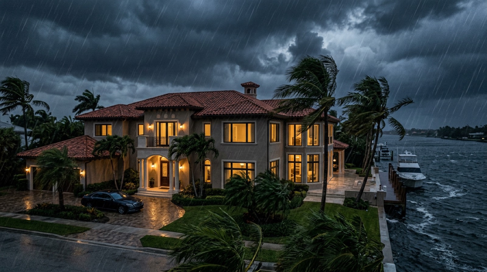 Boca Raton waterfront home with impact windows standing secure during a hurricane