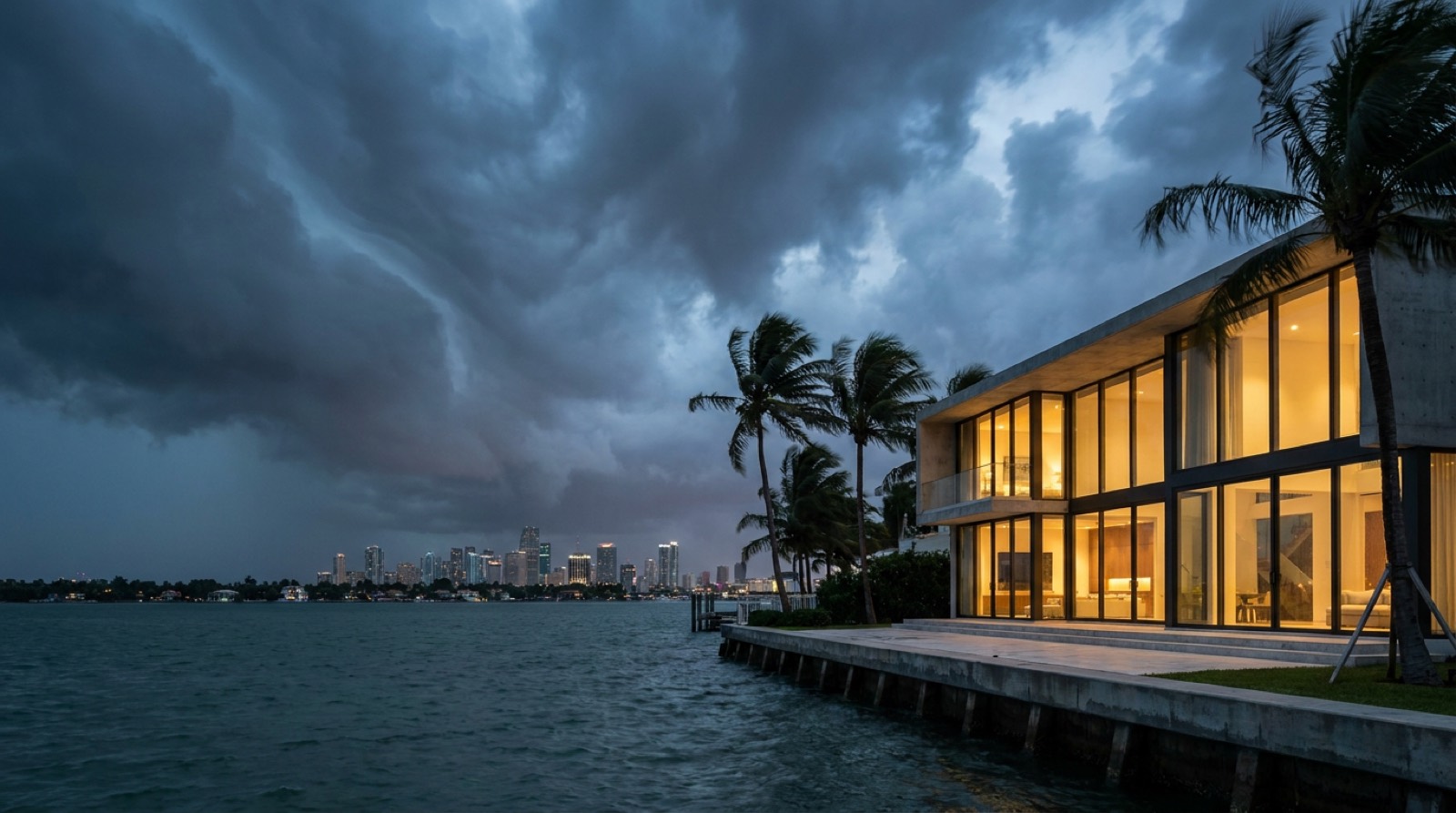 Miami home with impact windows standing secure against a hurricane, skyline behind