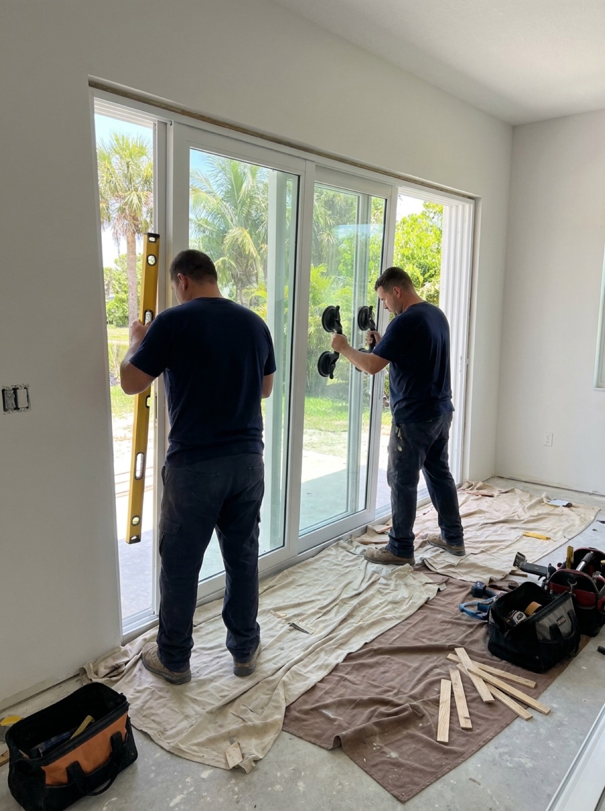 Installers setting an impact sliding glass door