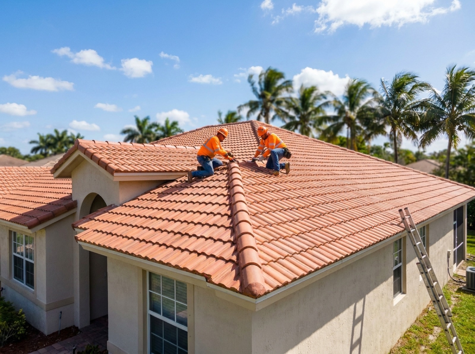 Roofers installing a new tile roof in South Florida