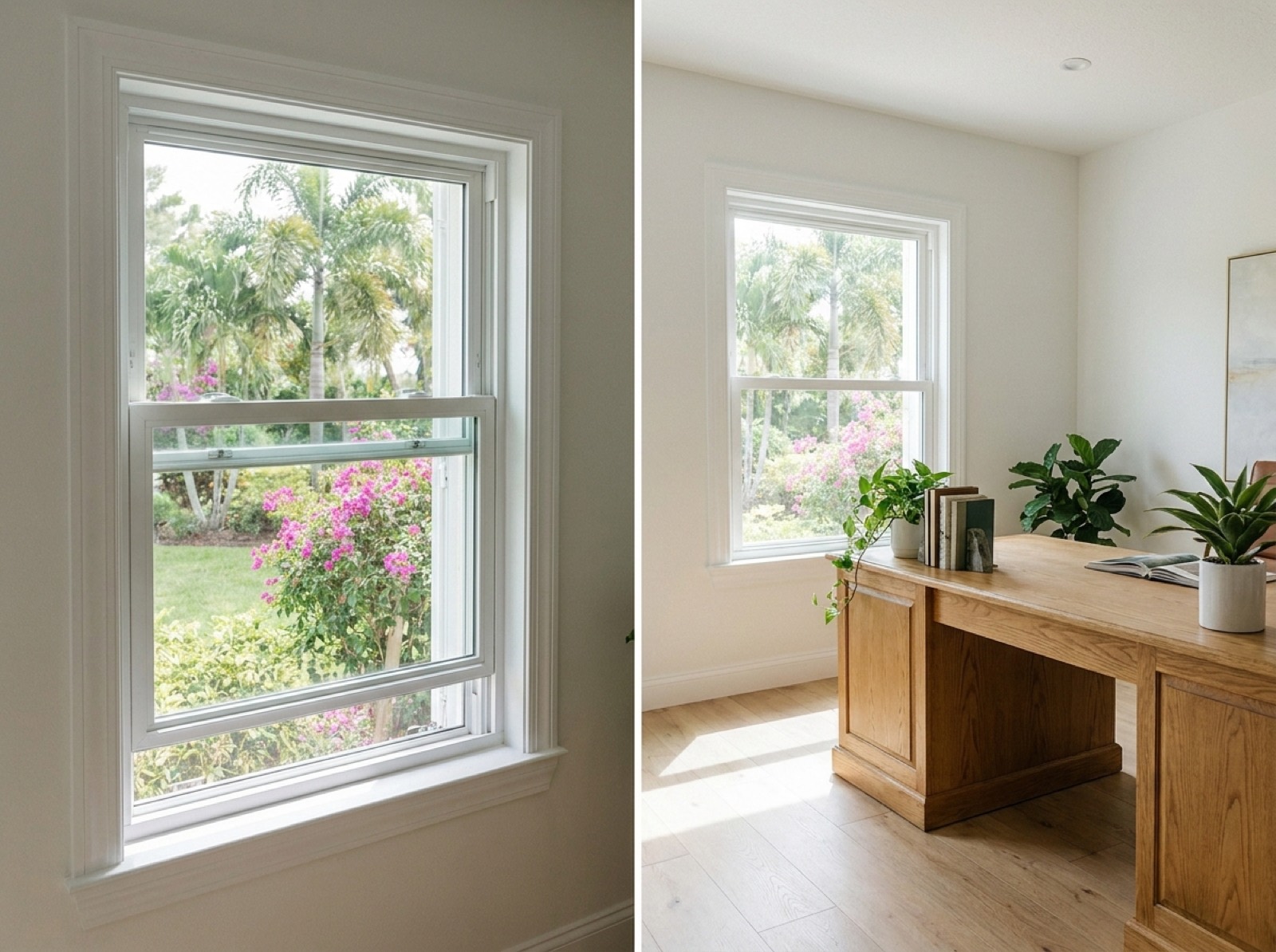 Single hung impact window with raised bottom sash in a home office